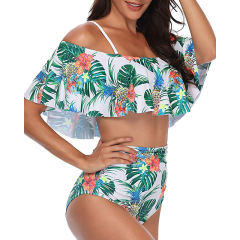 Light Green Floral Print High Waist Bikini Swimsuit