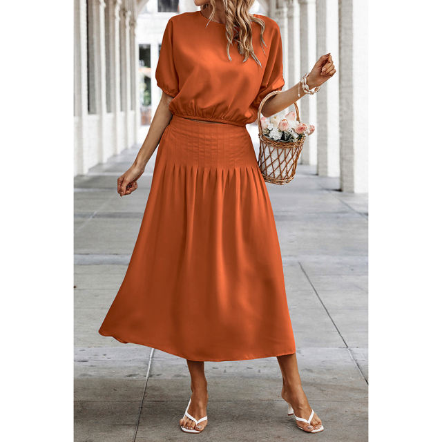 Orange Pleated Crop Top with Skirt Set TQX711094-14