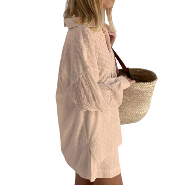 Khaki Hollow-out Jacquard Long Sleeve Shirt with Shorts Set TQF711040-21