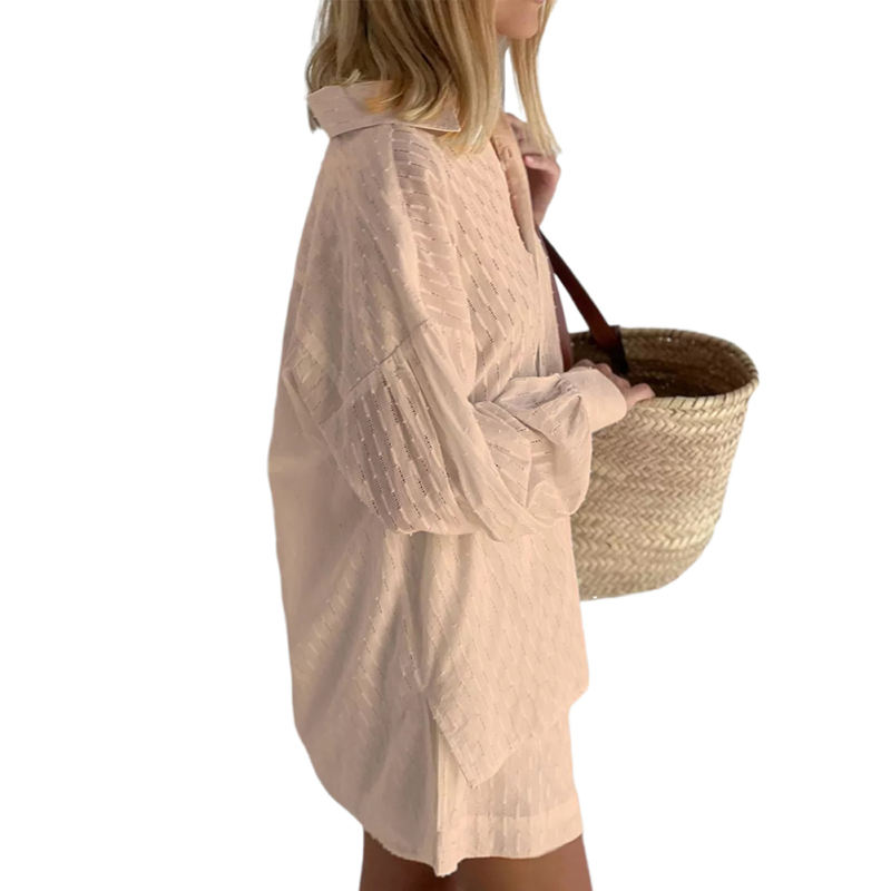 Khaki Hollow-out Jacquard Long Sleeve Shirt with Shorts Set TQF711040-21