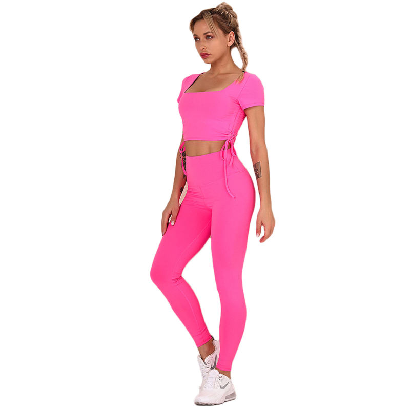 Rosy Sides Drawstring Short Sleeve Yoga Pant Set TQK710243-6