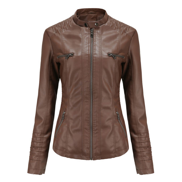 Coffee Removable Hooded Washed PU Leather Jacket TQK280096-15
