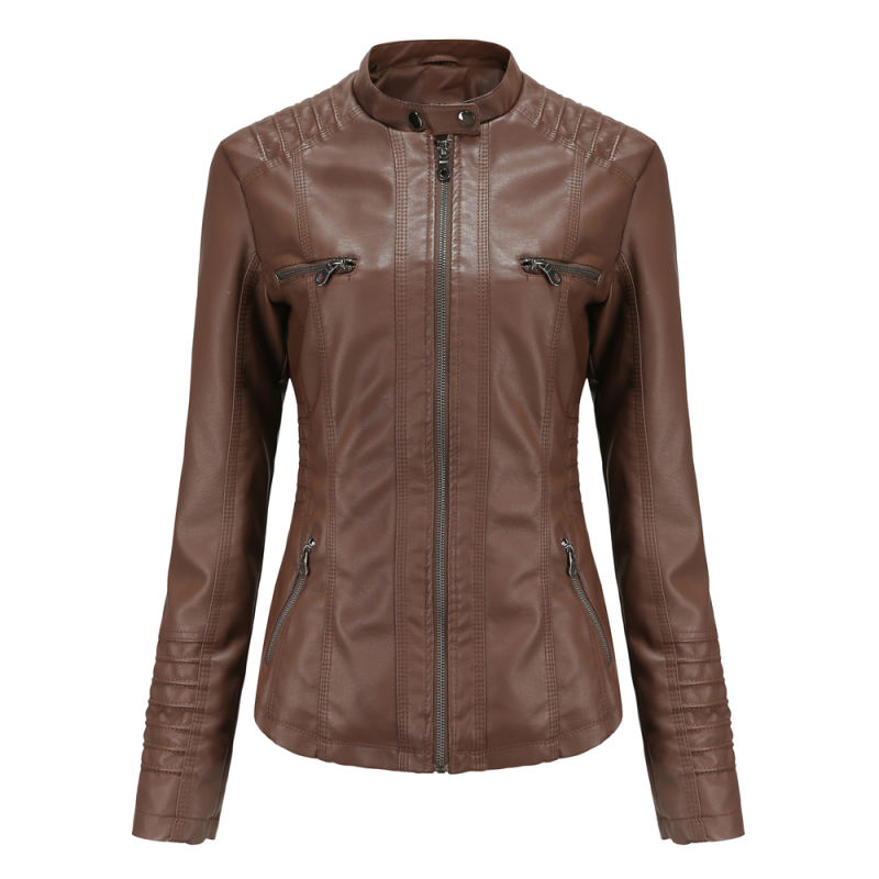Coffee Removable Hooded Washed PU Leather Jacket TQK280096-15