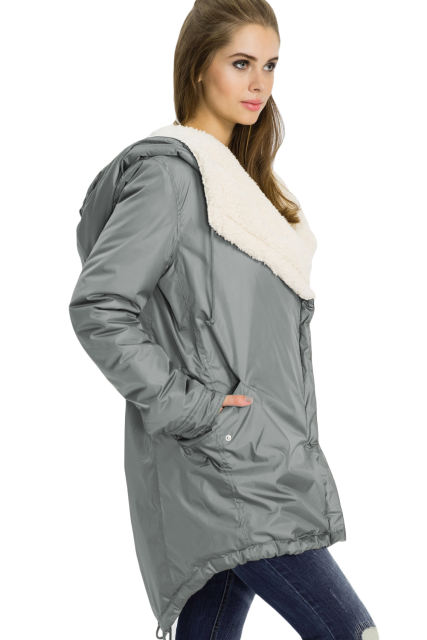 Gray Asymmetric Hooded Fleece Winter Coat