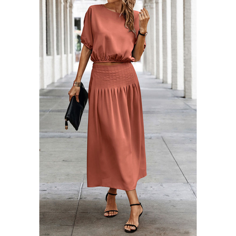 Rust Red Pleated Crop Top with Skirt Set TQX711094-33