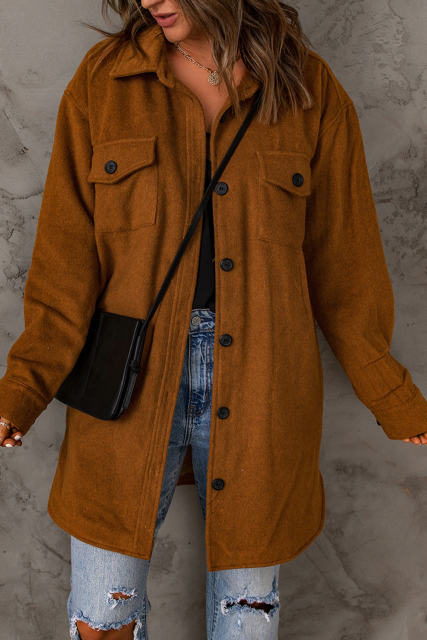 Brown Long Sleeve Pockets Buttoned Shirt Jacket LC8512409-17