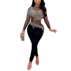 Black Mesh Rhinestone Mock Neck Jumpsuit TQK550273-2