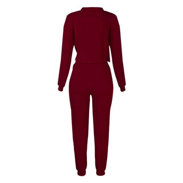 Wine Red Zipper Up Leopard Detail Sweatshirt with Pant Set TQK710222-103