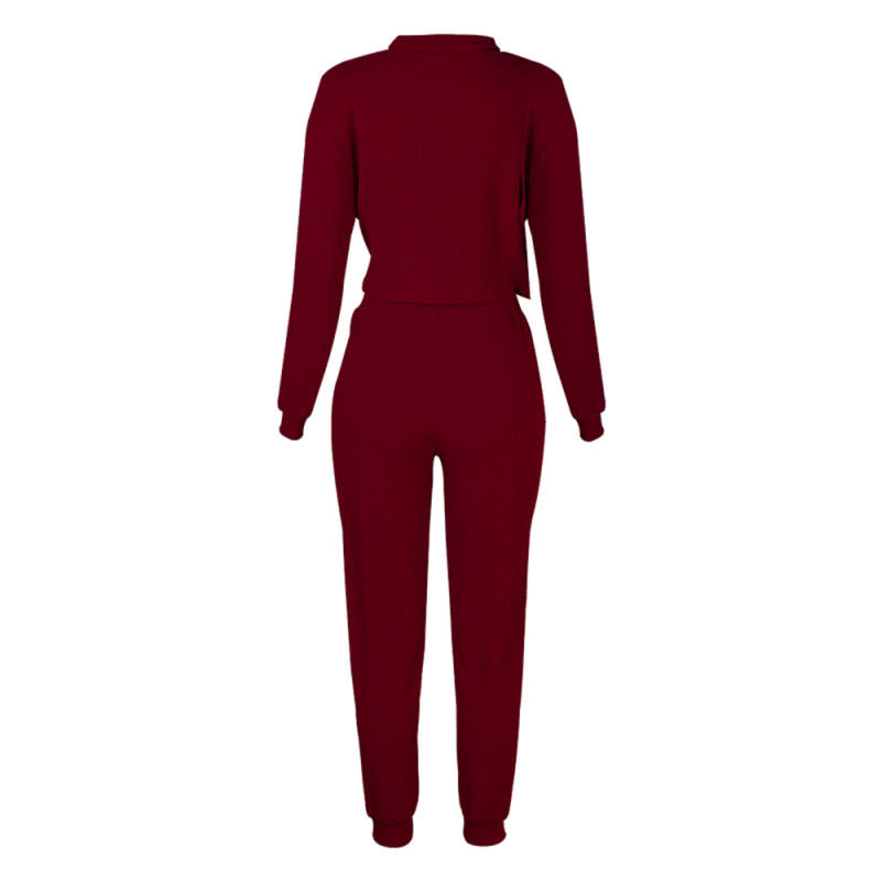 Wine Red Zipper Up Leopard Detail Sweatshirt with Pant Set TQK710222-103