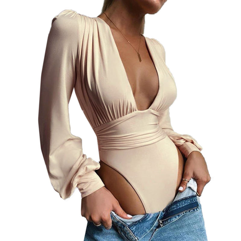 Khaki Deep V Neck Pleated Long Sleeve Bodysuit TQK550214-21