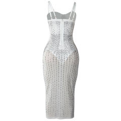 White Mesh Rhinestone Plus Size Sling Dress TQK310775-1