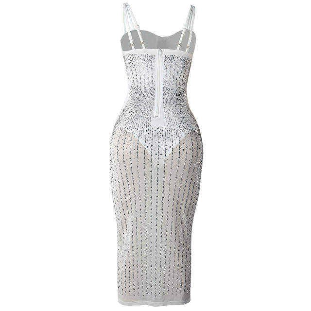 White Mesh Rhinestone Plus Size Sling Dress TQK310775-1