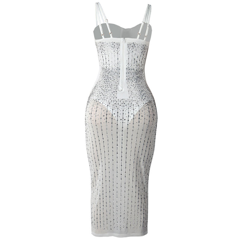 White Mesh Rhinestone Plus Size Sling Dress TQK310775-1