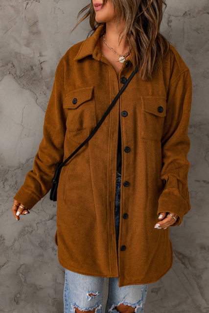 Brown Long Sleeve Pockets Buttoned Shirt Jacket LC8512409-17