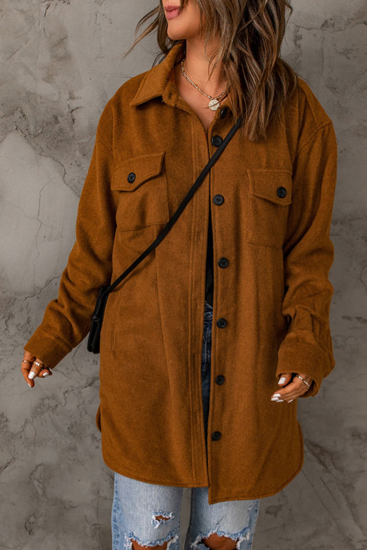 Brown Long Sleeve Pockets Buttoned Shirt Jacket LC8512409-17