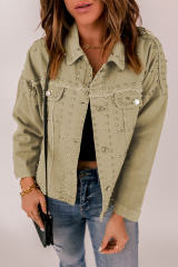Khaki Frayed Trim Rivet Denim Jacket LC788104-16