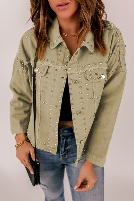 Khaki Frayed Trim Rivet Denim Jacket LC788104-16