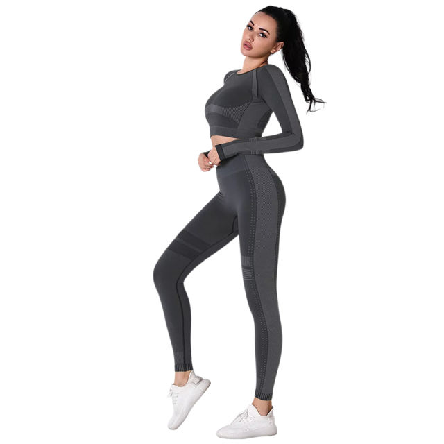 Black Seamless Knit Long Sleeve Pant Yoga Set TQE91372-2