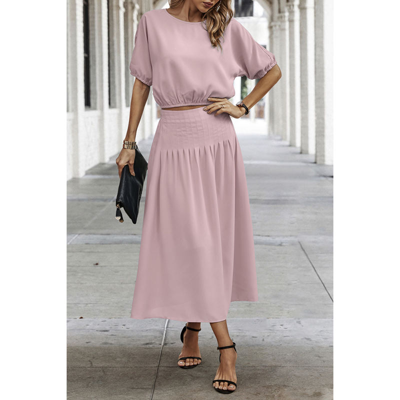 Pink Pleated Crop Top with Skirt Set TQX711094-10