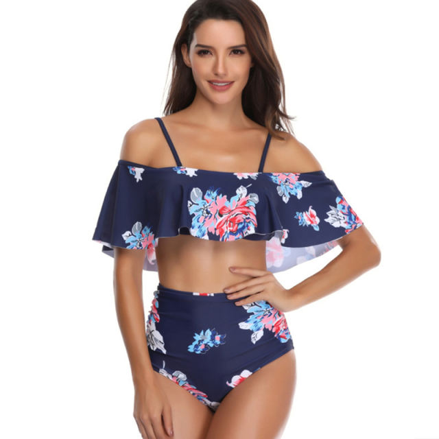 Navy Blue Floral Print High Waist Bikini Swimsuit