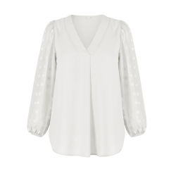 White V Neck Chiffon Long Sleeve Blouse TQK210640-1
