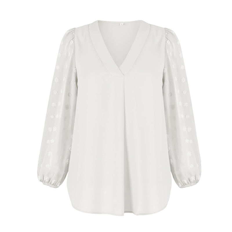 White V Neck Chiffon Long Sleeve Blouse TQK210640-1