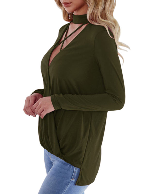 Army Green Front Criss-cross long sleeve v neck blouse
