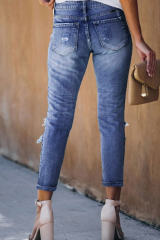 Blue Fading Distressed Holes Crop Jeans LC78064-5