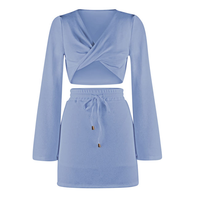 Light Blue Knot Front V Neck Crop Top with Skirt Set TQK710390-30