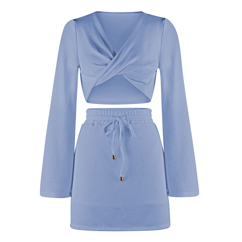 Light Blue Knot Front V Neck Crop Top with Skirt Set TQK710390-30