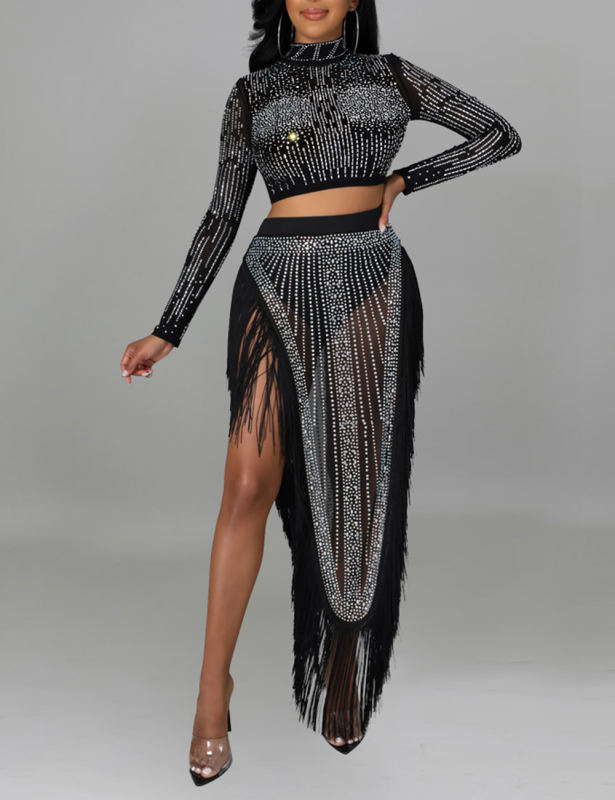 Black Rhinestone Long Sleeve Crop Tops and Tassels Skirt Set TQV810016-2