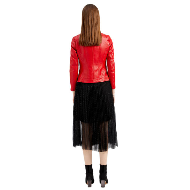 Red Stand Collar Zipper Detail PU Leather Jacket TQK280094-3