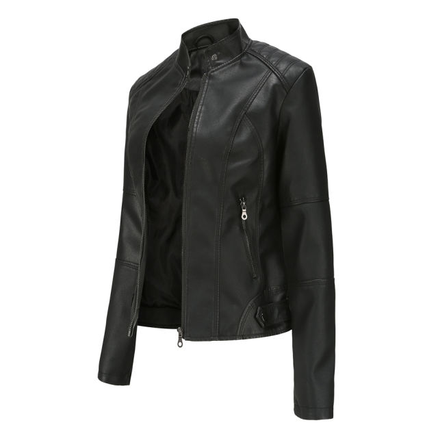 Black Slim Fit Stand Collar PU Motorcycle Jacket TQK280091-2