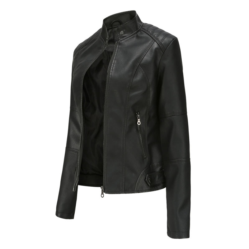 Black Slim Fit Stand Collar PU Motorcycle Jacket TQK280091-2