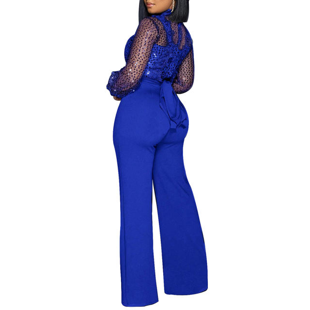 Blue Back Lace-up Long Sleeve Sequin Jumpsuit TQK550346-5