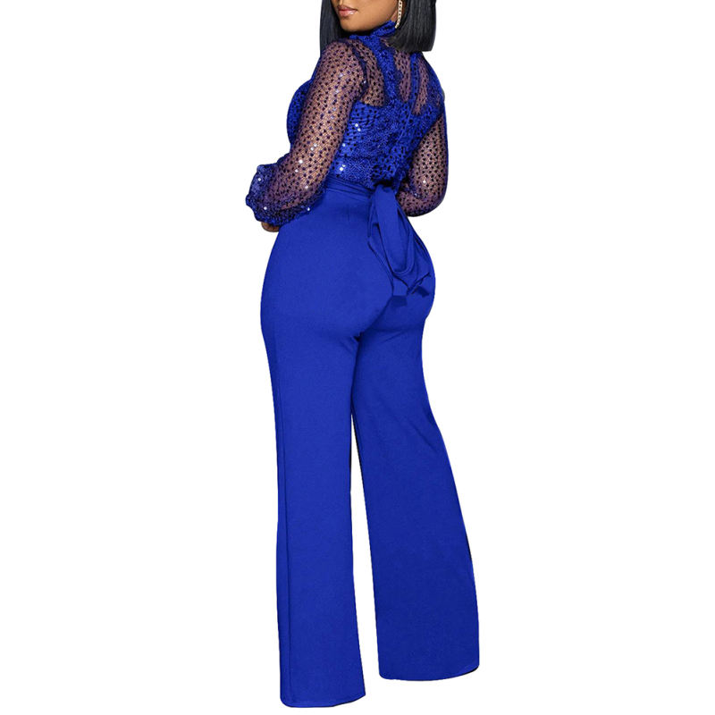 Blue Back Lace-up Long Sleeve Sequin Jumpsuit TQK550346-5