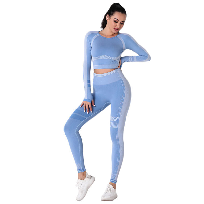 Light Blue Seamless Knit Long Sleeve Pant Yoga Set TQE91372-30