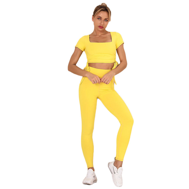 Yellow Sides Drawstring Short Sleeve Yoga Pant Set TQK710243-7