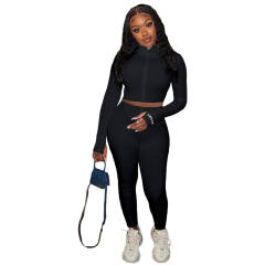Black Cotton Blend Zipper Datail Long Sleeve Top with Pant Set TQK710132-2