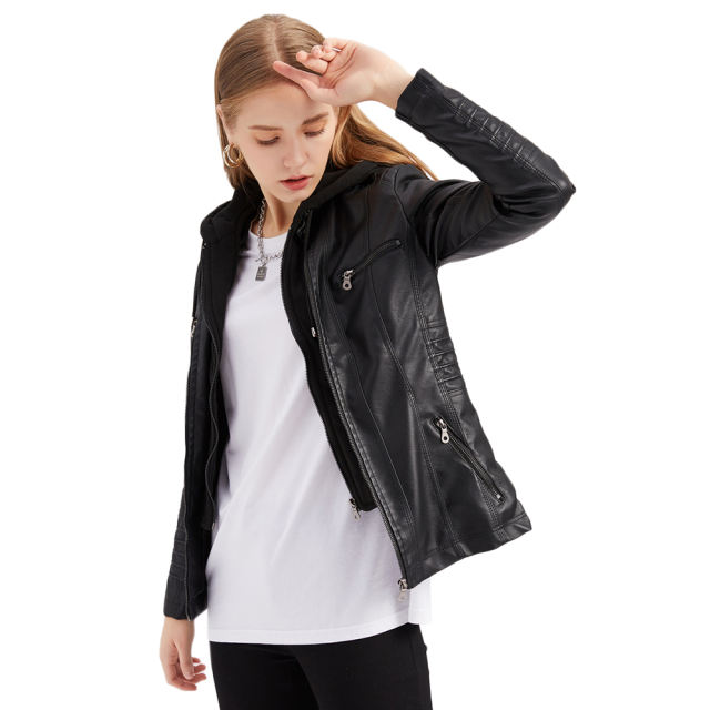 Black Removable Hooded Washed PU Leather Jacket TQK280096-2