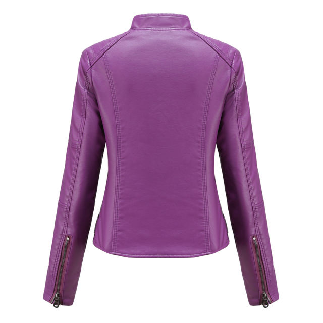 Purple Slim Fit Stand Collar PU Motorcycle Jacket TQK280091-8