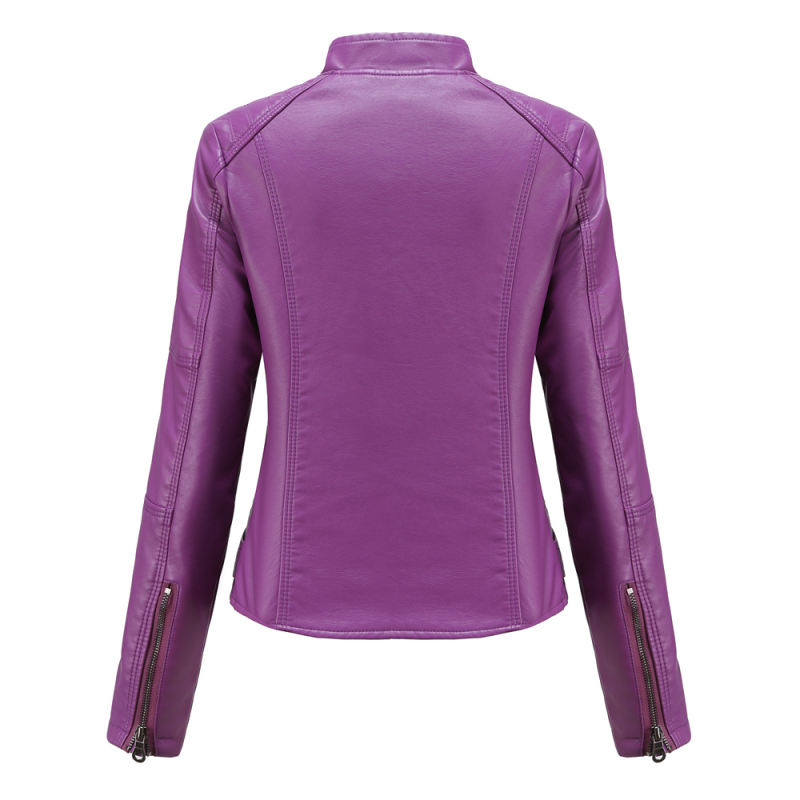 Purple Slim Fit Stand Collar PU Motorcycle Jacket TQK280091-8