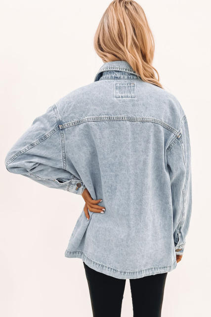 Sky Blue Acid Wash Flap Pocket Boyfriend Shacket  LC788148-4