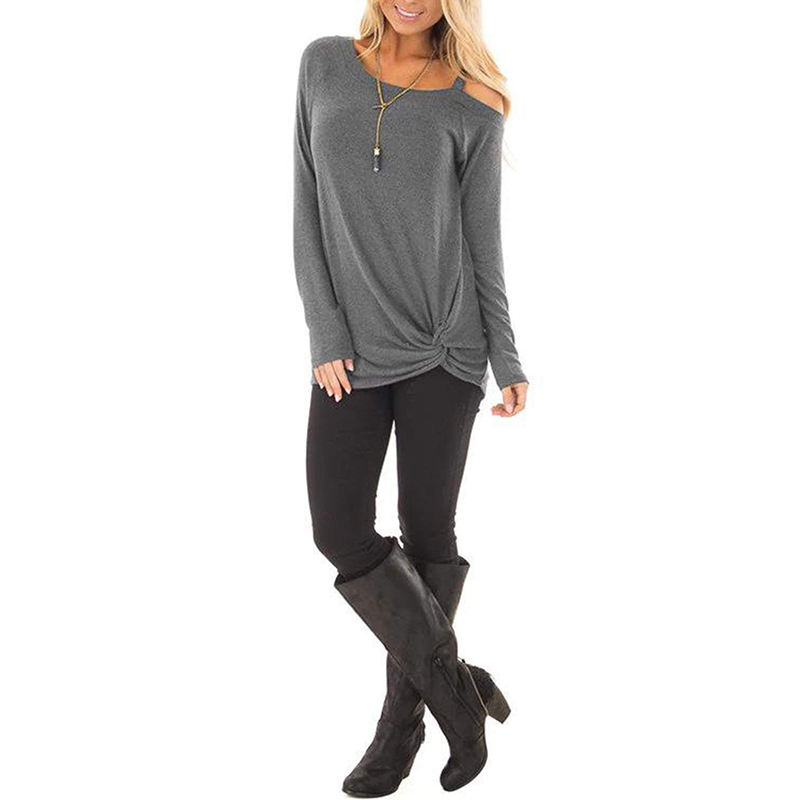 Gray Cold Shoulder Knot Twist Front Tunic Tops