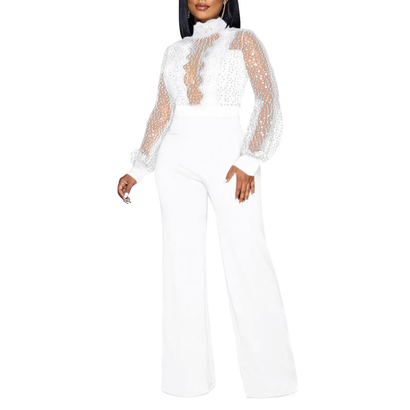 White Back Lace-up Long Sleeve Sequin Jumpsuit TQK550346-1