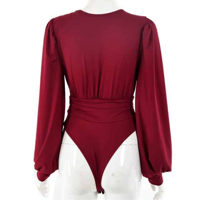 Wine Red Deep V Neck Pleated Long Sleeve Bodysuit TQK550214-103