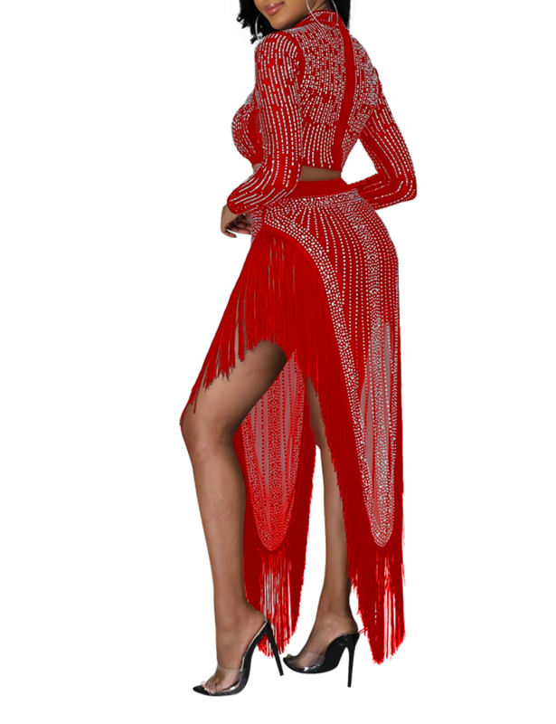 Red Rhinestone Long Sleeve Crop Tops and Tassels Skirt Set TQV810016-3