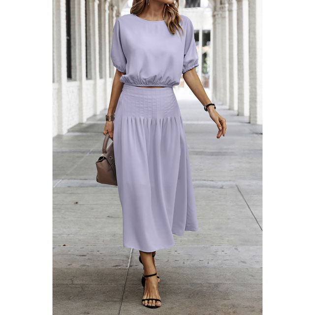 Light Purple Pleated Crop Top with Skirt Set TQX711094-38
