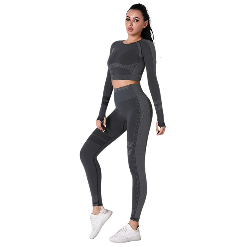 Black Seamless Knit Long Sleeve Pant Yoga Set TQE91372-2