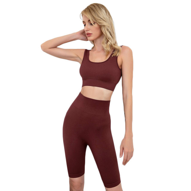 Brown Seamless Knit Yoga Bra with Shorts Set TQK710237-17